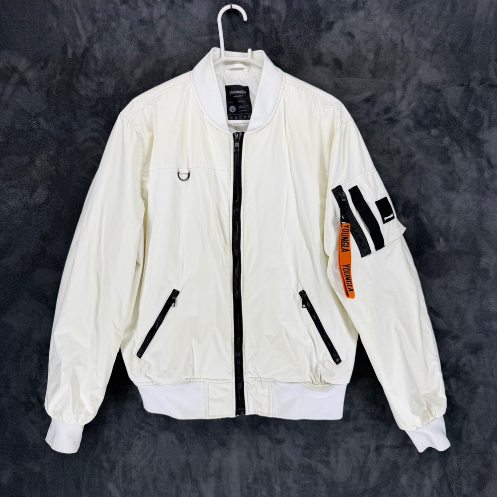 YoungLA Mens White Nylon Bomber Jacket Full Zip Utility Flight Tag‎ Large